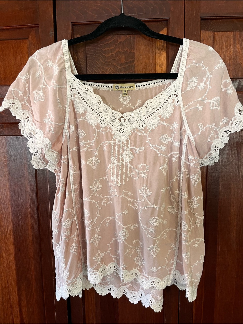 Democracy Blush Pink Embroidered Lace-Trim Peasant Blouse
